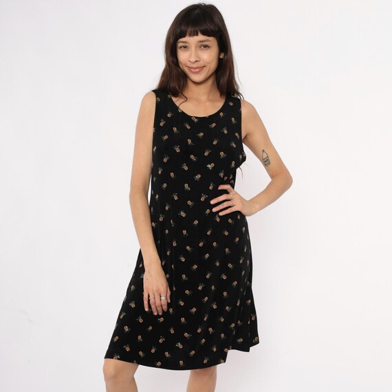 90s Pineapple Dress Black Tropical Print Vintage Summer Novelty Fruit Pattern Gold Scoop Neck Casual Party Sundress Party Going Out Medium M