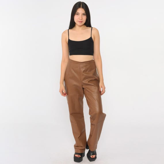 90s Brown Leather Pants Vintage Straight Leg Trousers High Waisted Pants Relaxed 1990s Club Party High Waist Medium M
