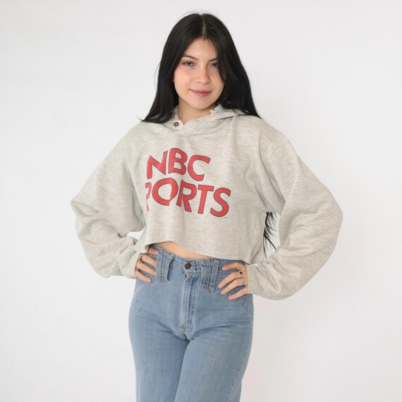 Vintage NBC Sports Cropped Hoodie 90s Gray Heather Sweatshirt Raw Cut Off Red Graphic Print Pullover 1990s TV Logo Extra Large xl