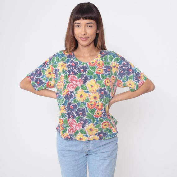 Tropical Floral Blouse 90s Emerald Isle Bright Botanical Print Short Sleeve Scoop Neck Cotton Blend Summer Vacation Lightweight Medium M 8