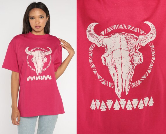 90s Cow Skull Shirt Hot Pink Southwestern Print Western Tshirt Southwest Cowboy Shirt Screen Stars Graphic Tee 1990s Retro Extra Large xl