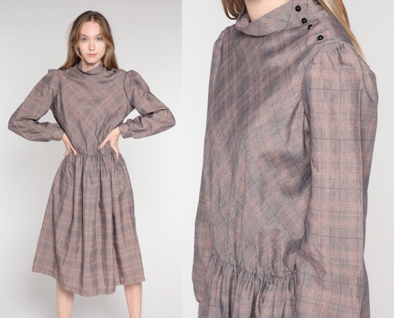 Grey Plaid Dress 80s Checkered Midi Dress Long Sleeve Mock Neck High Waisted Secretary Dress Taupe Retro Modest Vintage 1980s Small Medium