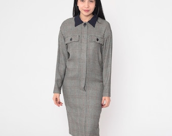 90s Houndstooth ShirtDress Black Checkered Dress Midi Shift Dark Academia Vintage Long Sleeve Button Up 1990s Preppy Secretary Large 12