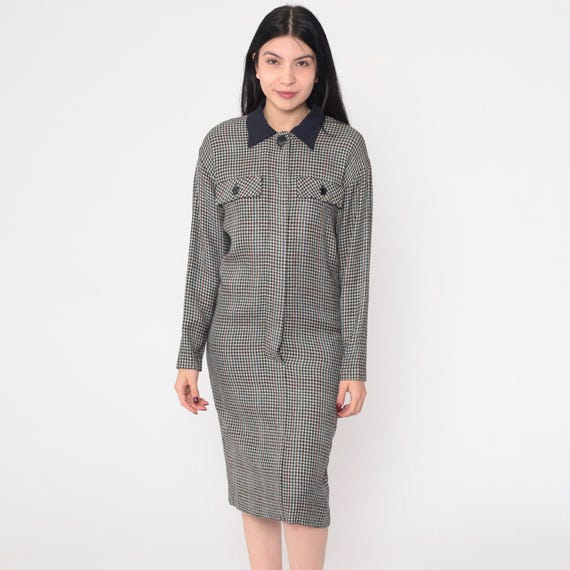 90s Houndstooth ShirtDress Black Checkered Dress Midi Shift Dark Academia Vintage Long Sleeve Button Up 1990s Preppy Secretary Large 12