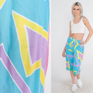 80s Capri Pants Blue Cropped Pants Surfer Abstract Print Geometric High Waisted Drawstring Yellow Pink Purple Vintage 1980s Small Medium