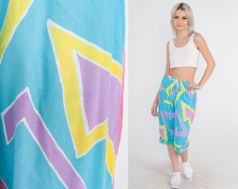 80s Capri Pants Blue Cropped Pants Surfer Abstract Print Geometric High Waisted Drawstring Yellow Pink Purple Vintage 1980s Small Medium