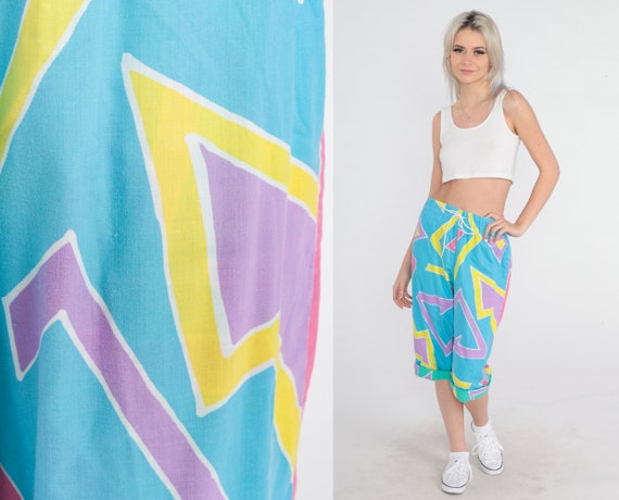 80s Capri Pants Blue Cropped Pants Surfer Abstract Print Geometric High Waisted Drawstring Yellow Pink Purple Vintage 1980s Small Medium