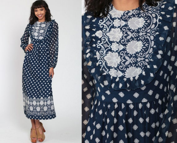 70s Maxi Dress Boho Floral RUFFLE BIB Hippie 1970s Mod High Waisted Vintage Bohemian Festival Navy Blue White Sheer Sleeve Long Small