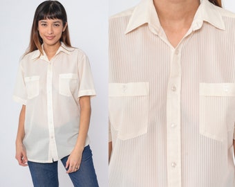 Off-White Button Up Shirt 70s Semi Sheer Striped Top Retro Preppy Short Sleeve Collared Plain Basic Seventies Vintage 1970s Men's Medium