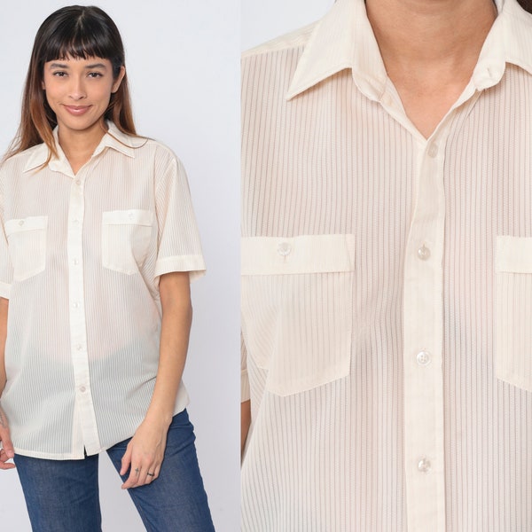 Off-White Button Up Shirt 70s Semi Sheer Striped Top Retro Preppy Short Sleeve Collared Plain Basic Seventies Vintage 1970s Men's Medium