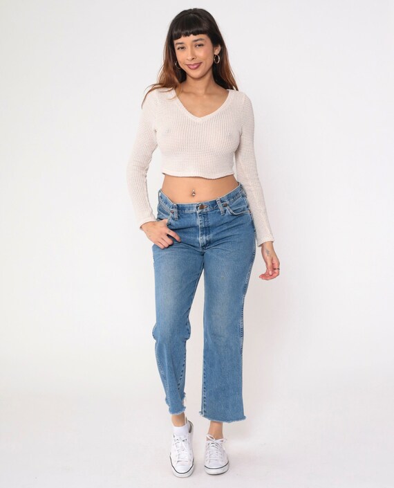 Vintage Wrangler Jeans 90s Cropped Bootcut Jeans High Waisted Rise Boot Cut Ankle Cutoff Blue Denim Western Pants 1990s Men's Medium 32
