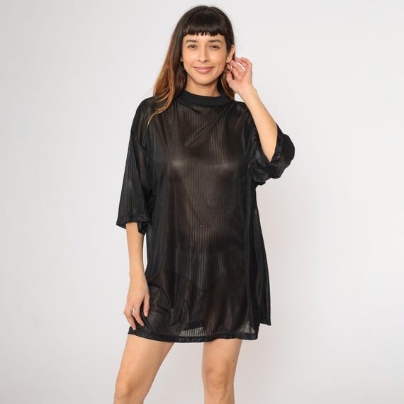 Sheer Black Striped T-Shirt Vintage Polyester Shirt Plain Shirt Tee Shirt 90s Grunge T Shirt Shiny Normcore Tshirt Simple XXL 2xl