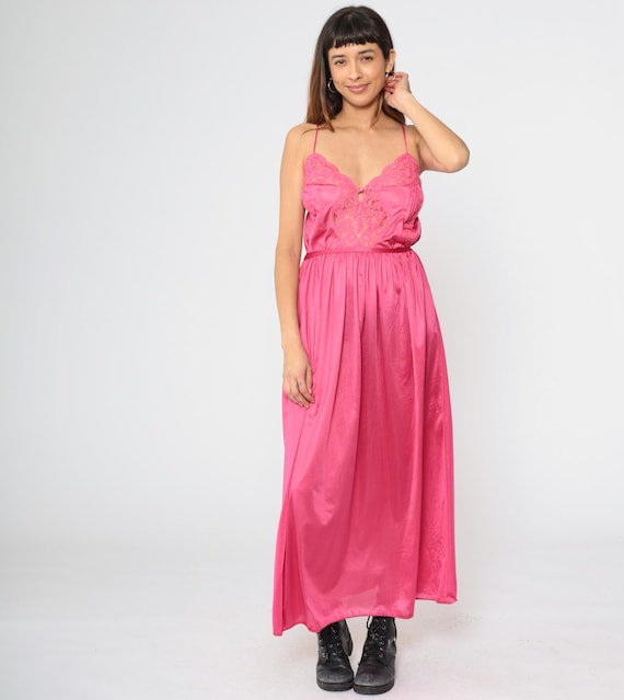 Vintage Lace Nightgown Deep Pink Slip 70s 80s Maxi Lingerie Dress Retro High Waist Spaghetti Strap Romantic 1970s Lily of France Small S