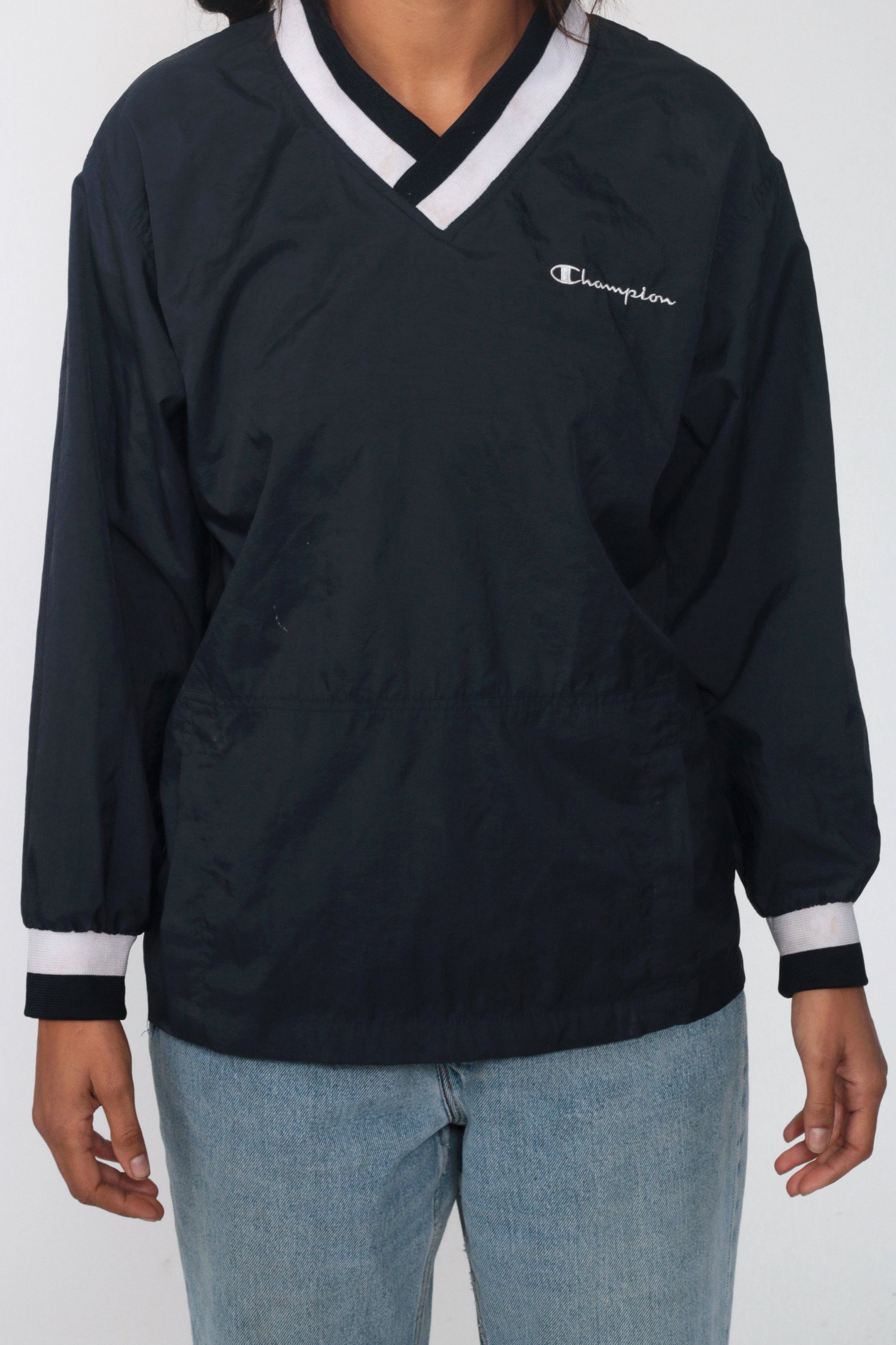 Champion Windbreaker Jacket 90s Navy Blue Nylon PULLOVER Shell Jacket V Neck Streetwear Warmup 