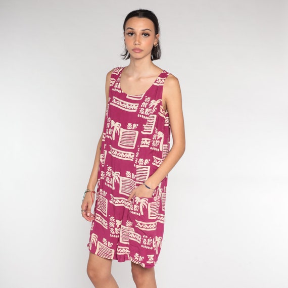 Tropical Mini Dress 90s Dark Pink Day Dress Geome… - image 6