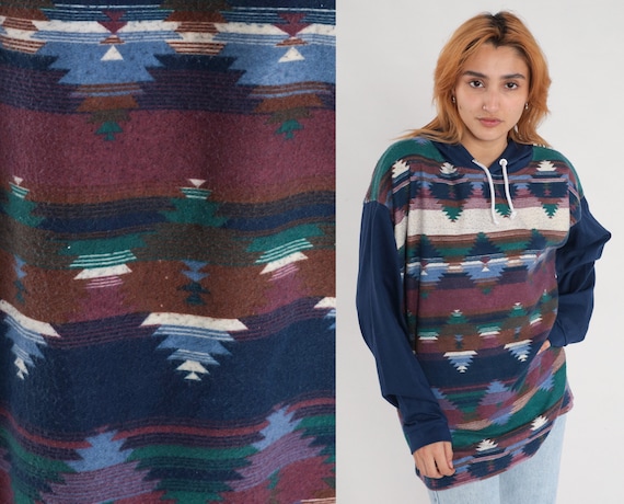 Southwestern Shirt 90s Hooded Fleece Tshirt Aztec Shirt 1990s Hoodie Southwest Tee Dark Blue Shirt Long Sleeve Drawstring Neck Large xl l