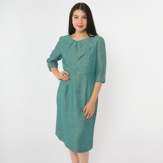 Vintage Metallic Party Dress 60s Blue Gold Mod Midi Dress Sheath Cocktail High Waist 1/2 Sleeve Formal Hourglass Retro 1960s Medium 8