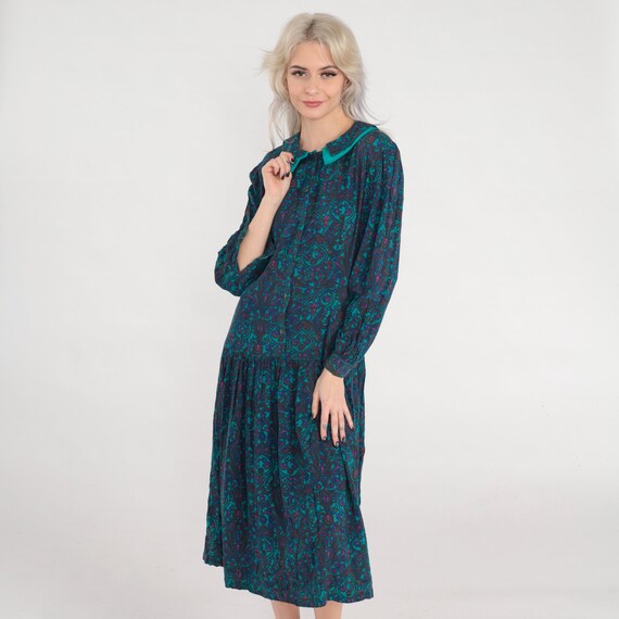 80s Dress Green Floral Midi Dress Collared Day Dress Drop Waist Long Puff Sleeve Granny Indian Flower Print Blue Pink Vintage 1980s Small S