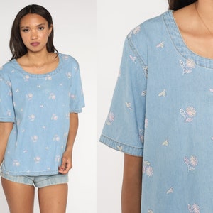 Floral Denim Shirt 90s Embroidered Flower Jean Shirt Buttonless Blouse 1990s Blue Top Vintage Short Sleeve Flower Print Extra Large xl