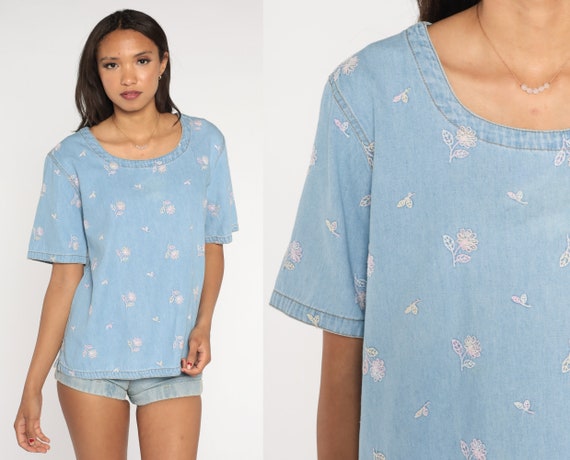 Floral Denim Shirt 90s Embroidered Flower Jean Shirt Buttonless Blouse 1990s Blue Top Vintage Short Sleeve Flower Print Extra Large xl
