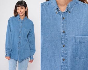 90s Denim Shirt Blue Jean Button Up Blue Grunge Long Sleeve Boyfriend Shirt Chambray Simple Chest Pocket Cotton Vintage 1990s Men's Large