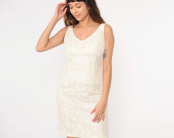 Vintage Cream Lace Dress Mini Dress Party 90s Floral Sheath Dress Formal Cocktail Dress Sleeveless V Neck Evening Romantic Medium 8