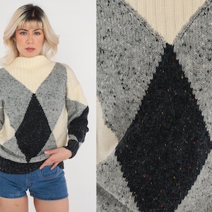 80s Harlequin Sweater Funnel Neck Diamond Print Acrylic Wool Knit 1980s Geometric Sweater Black White Grey Vintage Knitwear Pullover Small S