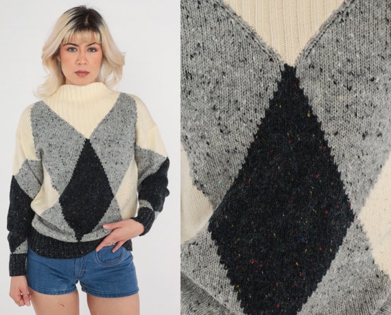 80s Harlequin Sweater Funnel Neck Diamond Print Acrylic Wool Knit 1980s Geometric Sweater Black White Grey Vintage Knitwear Pullover Small S
