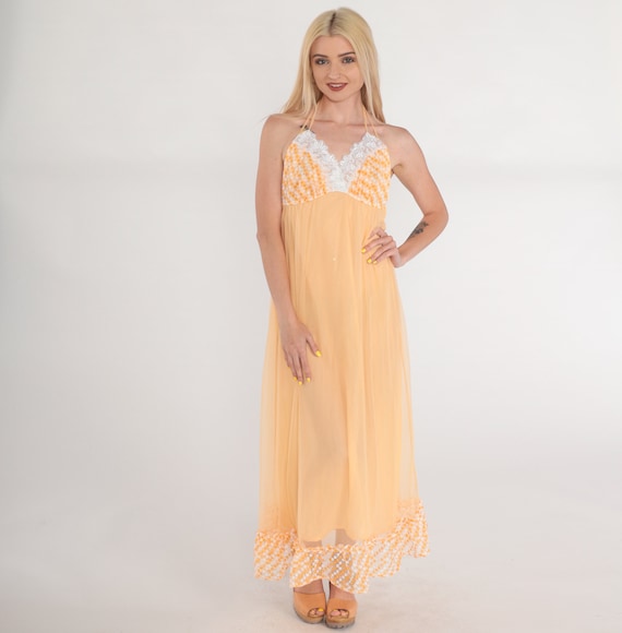 Orange Halter Dress 70s Lingerie Maxi Nightgown Floral Lace Trim Slip Checkered Empire Waist Retro Hippie Sleep Lounge Vintage 1970s Small S