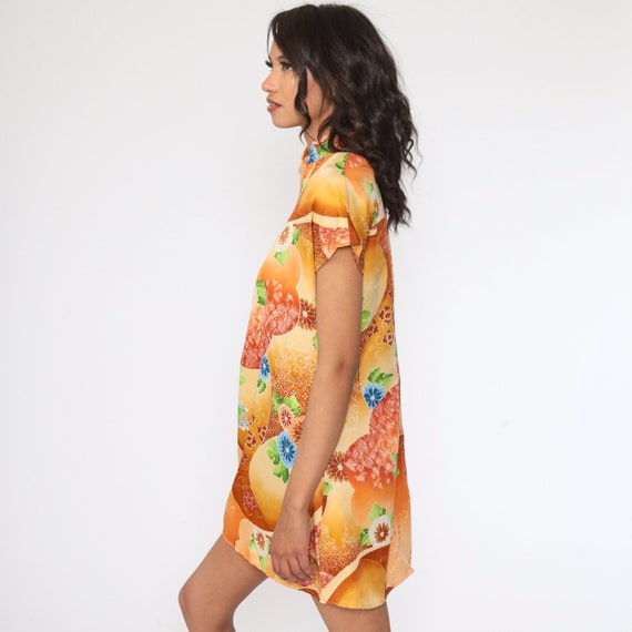 70s Boho Dress MANDARIN COLLAR Orange Floral Shif… - image 4
