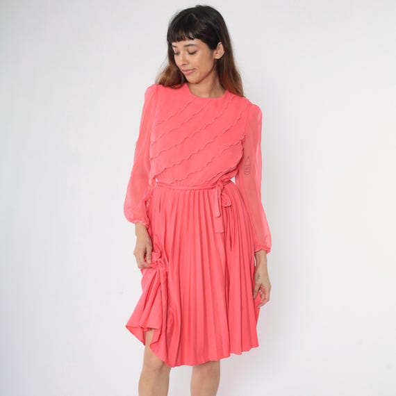 Vintage 70s Pink Party Dress Sheer Chiffon Sleeve Ruffle Pleated Midi Dress Bright Evening Dress Layered Retro Tiered Cocktail 1970s Small S