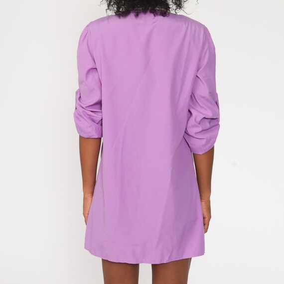 Purple Ascot Dress 70s Puff Sleeve Mini Button Up… - image 9