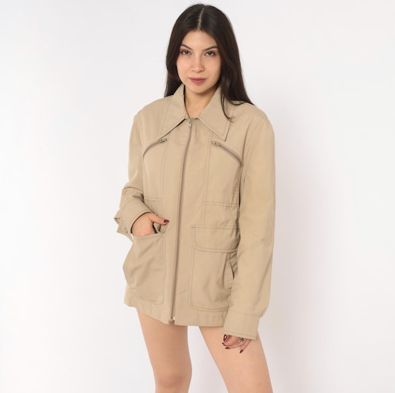 80s London Fog Zip Jacket Tan Utility Coat Multi Pocket Safari Sand Beige Khaki Windbreaker Spring Layering Camel Taupe Vintage Medium M