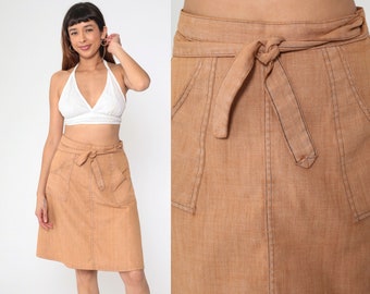 70s Wrap Skirt Tan Patch Pocket High Waisted Midi Skirt Boho Hippie Knee Length Plain Bohemian Summer Adjustable Vintage 1970s Small xs s