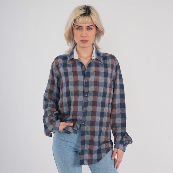 Vintage Grey Checkered Shirt 90s Button up Shirt Retro Grunge Long Sleeve Boyfriend Top Plaid Basic Blue Brown 1990s Mens Small 15 1/2