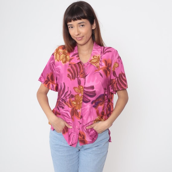 Pink Tropical Blouse 90s Hawaiian Floral Print Fuchsia Vintage Short Sleeve Button Up Rayon Resort Vacation Shirt Large L 14