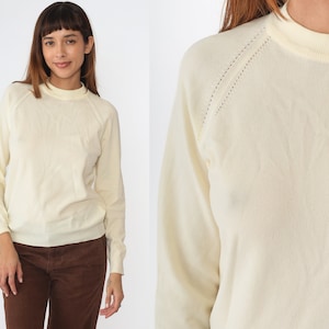 70s Sweater Cream Knit Sweater Raglan Sleeve Pullover Jumper Plain 1970s Hipster Crewneck Vintage Small Medium