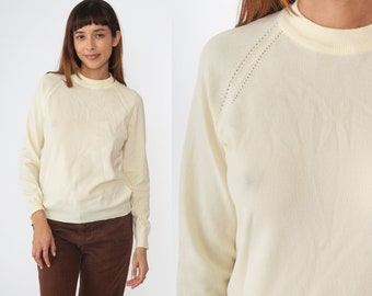 70s Sweater Cream Knit Sweater Raglan Sleeve Pullover Jumper Plain 1970s Hipster Crewneck Vintage Small Medium