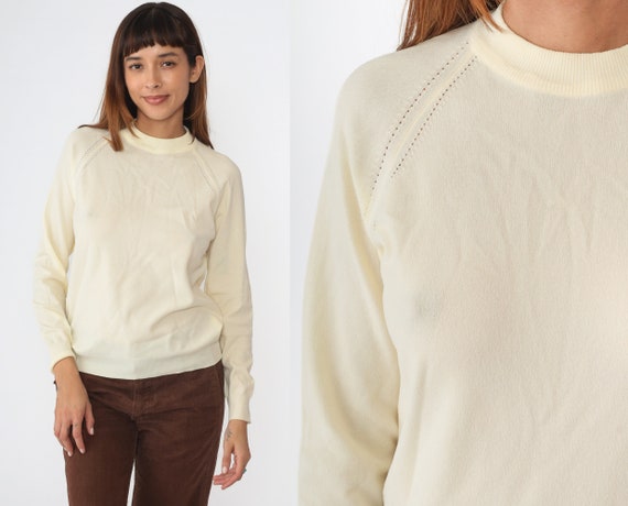 70s Sweater Cream Knit Sweater Raglan Sleeve Pullover Jumper Plain 1970s Hipster Crewneck Vintage Small Medium