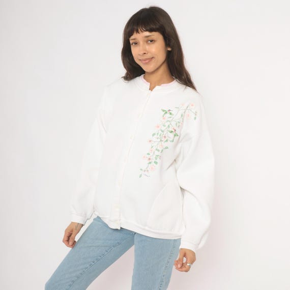 Hummingbird Floral Cardigan 90s White Button Front Sweatshirt Pink Flower Bird Print Cotton Nature Graphic Vintage Large Extra XL