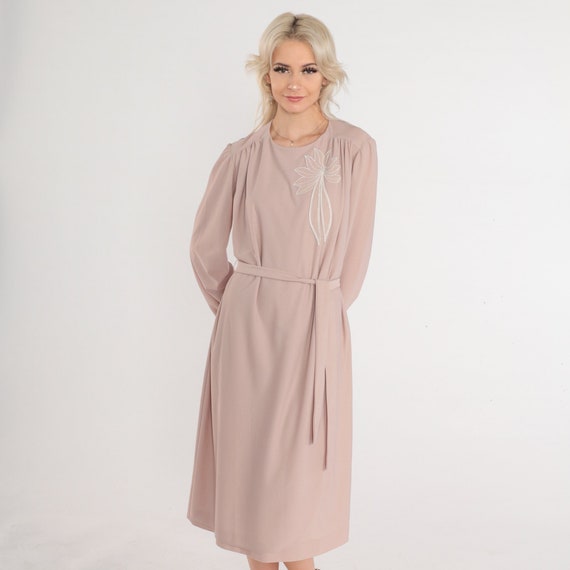 Draped Taupe Dress 80s Midi Dress Floral Embroidered Long Sleeve Tie Belt Retro Flowy Shift Simple Chic Vintage 1990s Lady Jennifer Large L
