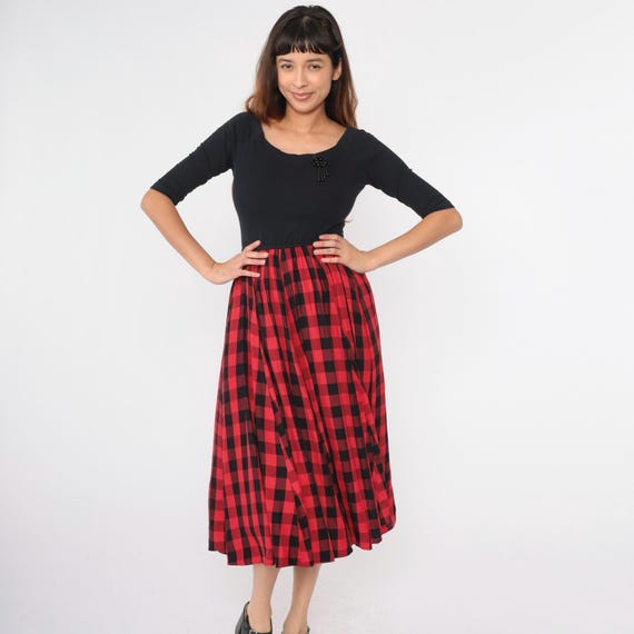 Vintage 90s Buffalo Check Dress Black Red High Waist Midi Dress Beaded Detail 1990s Party Dress 1/2 Sleeve Country Fit and Flare Medium
