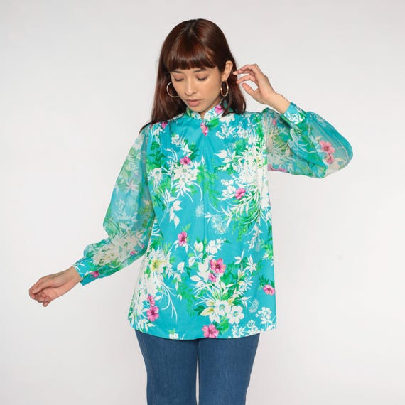 Hawaiian Blouse 70s Turquoise Tropical Floral Print Long Sleeve Vintage Resort Wear Paradise Island Vacation Aloha Beach Medium M