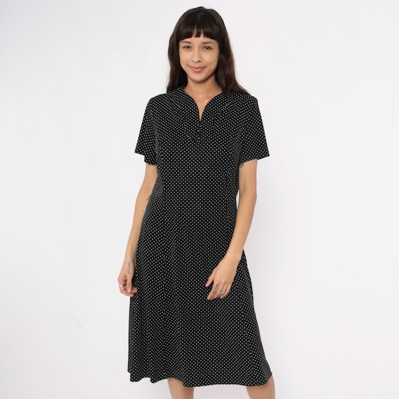 90s Polka Dot Dress Black White Collared Shift Minimalist Office Work Professional Preppy Vintage Normcore Nerdy Casual Extra Large XL