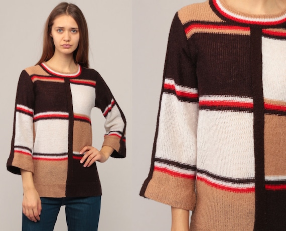 70s Sweater Boho Sweater BELL SLEEVE Knit Hippie Bohemian Sweater Color Block Tan Brown Pullover Vintage Retro Jumper small