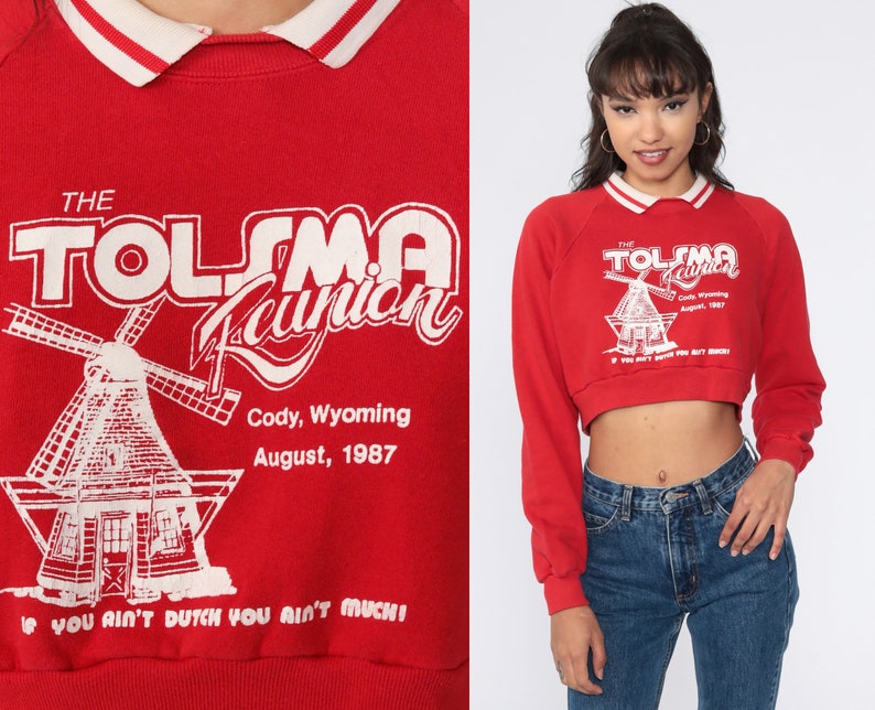 Dutch Sweatshirt 80s Windmill Sweatshirt Red Retro Sweatshirt Cropped Slouchy Pullover Tolsma Family Reunion Shirt Vintage Small Medium