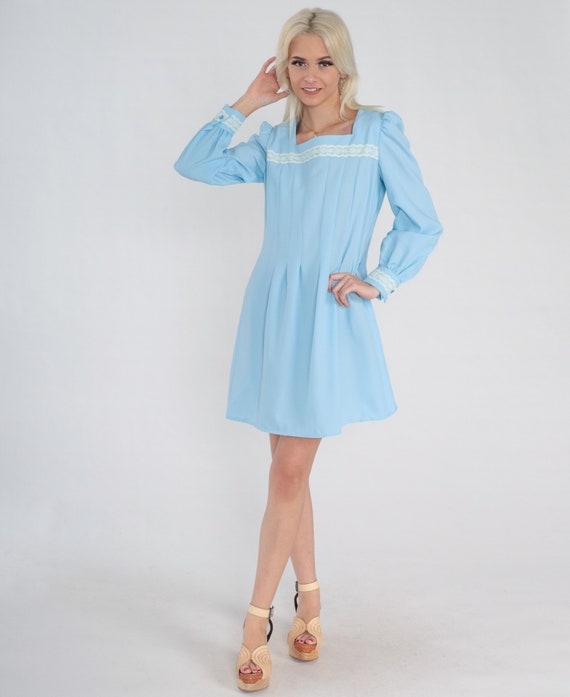 Blue Mini Dress 70s Puff Sleeve Pleated Dress Lac… - image 4
