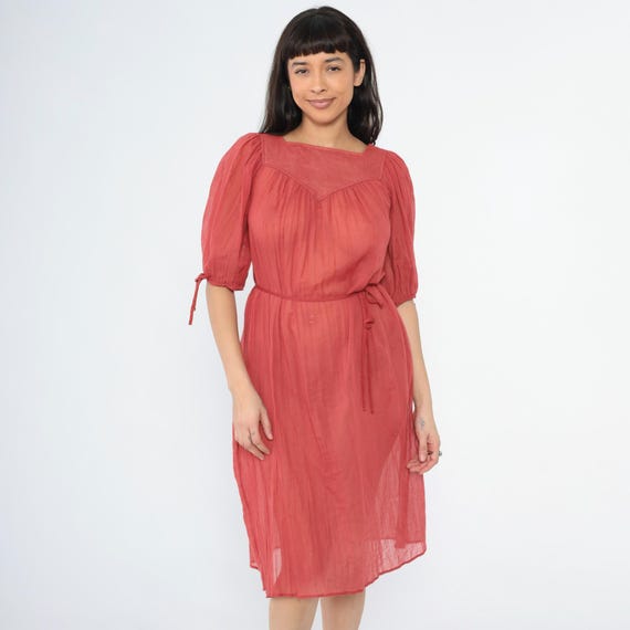 Vintage 70s Sheer Gauze Dress Red Grecian Bohemian Tent Midi Puff Sleeve Trapeze Festival Hippie Boho 1970s Beach Cover Up Small Medium
