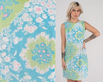 Mod Floral Dress 60s 70s Blue Mini Dress Retro Shift Gogo Twiggy Minidress Sleeveless White Green Flower Print Groovy Vintage 1970s Small S