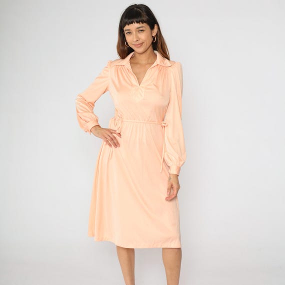 70s Peach Grecian Dress Midi Dress Long Puff Sleeve High Elastic Waist Collared V Neck Tie Side Secretary Disco Blouson Vintage 1970s Medium